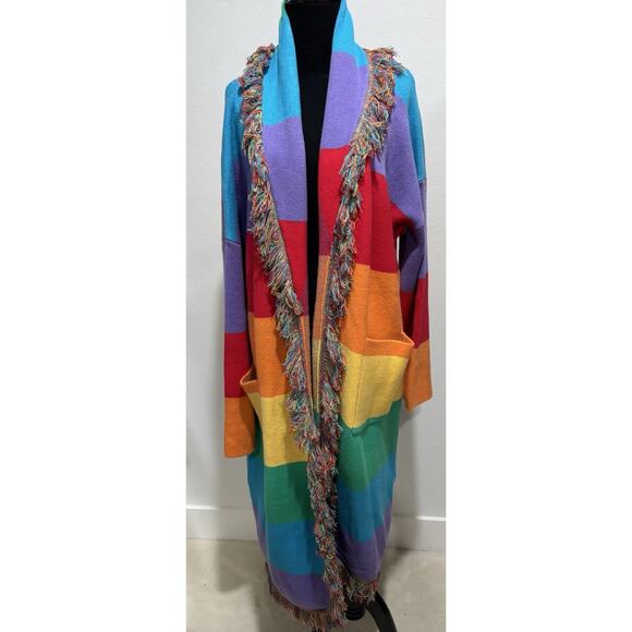 Dressed in LALA Luxe Fringe Blanket Cardigan in Chasing Rainbows Size S/M - Picture 4 of 9